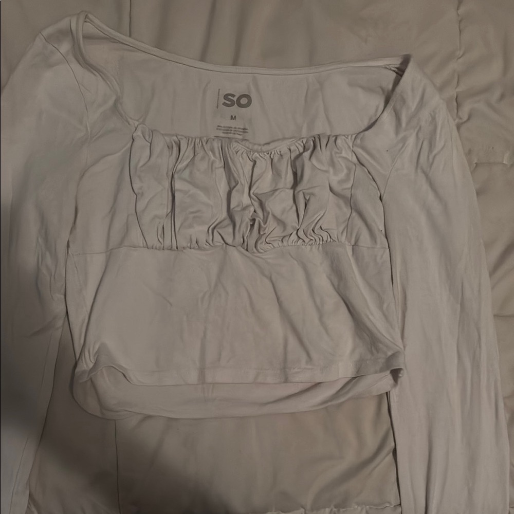 SO Cropped White Ruched Bib Collar Blouse